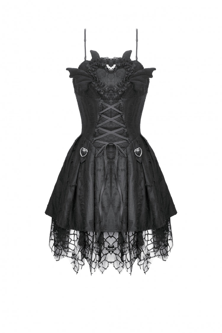 Black Sleeveless Lace Lace-Up Pleated Women's Gothic Dark Demon Slip Dress - Product - 3