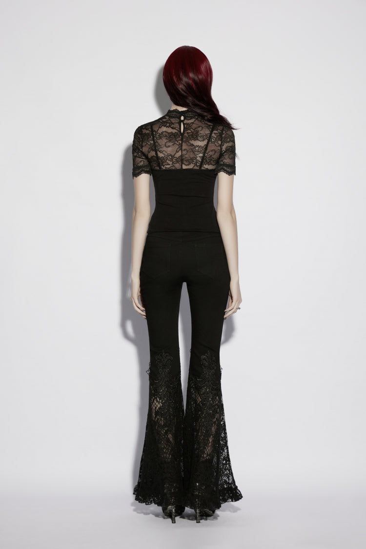 Black Stand Collar Short Sleeves Cut-Out Lace Slim Sheer Faux Two-Piece Women's Gothic Top - Product - 6