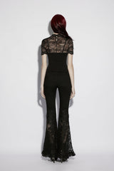 Black Stand Collar Short Sleeves Cut-Out Lace Slim Sheer Faux Two-Piece Women's Gothic Top - Product - 6