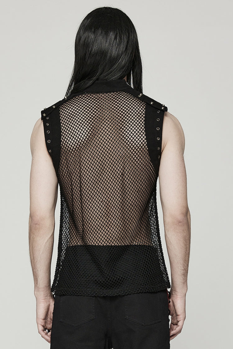 High Collar Sleeveless Rivet Decoration Sheer Mesh Men's Steampunk Vest 2 Colors - Product - 3