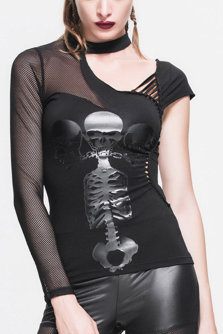 Black Gothic Mesh Panel Knitted Fabric Off-The-Shoulder Design Skull Print Women's Shirt - Black - 1
