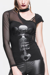 Black Gothic Mesh Panel Knitted Fabric Off-The-Shoulder Design Skull Print Women's Shirt - Black - 1