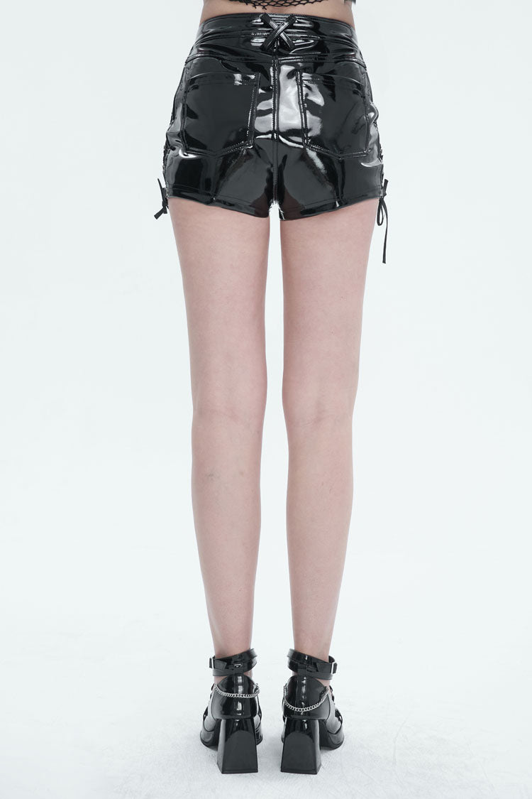 Black Stretch Shiny Panel Diamond Mesh Sexy Women's Gothic Shorts - Product - 4
