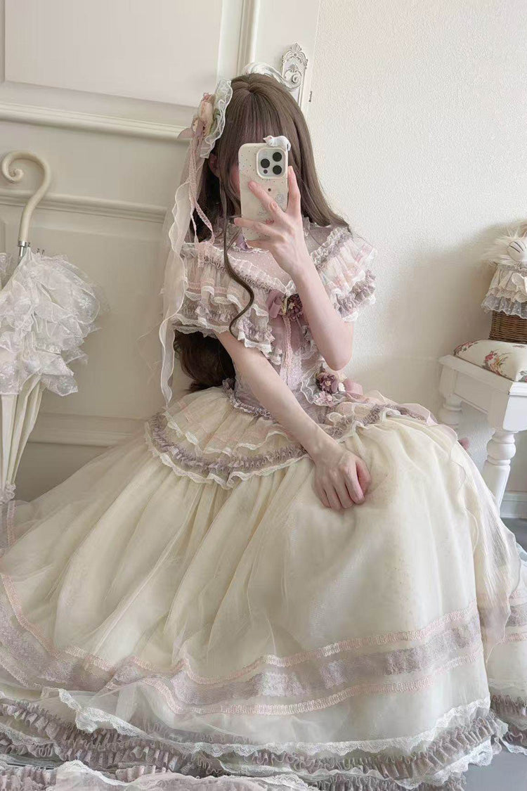 Purple [Wisteria Poem] Sleeveless Ruffled Cut-Out Embroidered Bow Lace Sweet Lolita Two-piece Skirt Set - Product - 2