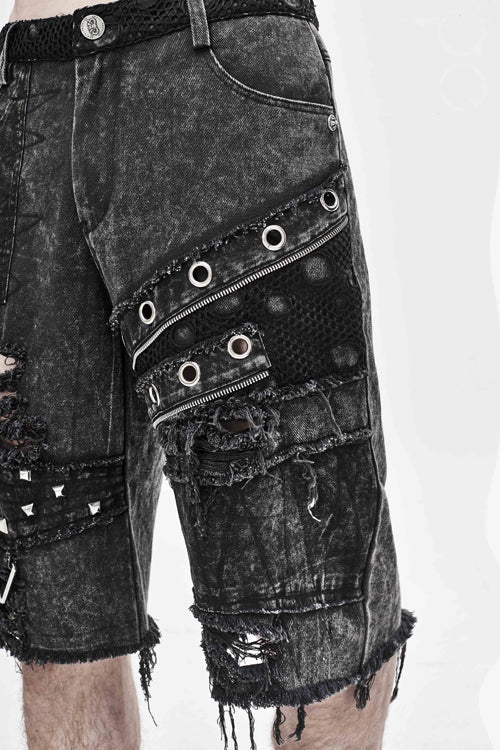 Black Decadence Punk Rock Nailed Ragged Shorts Mens Pants - Product - 8