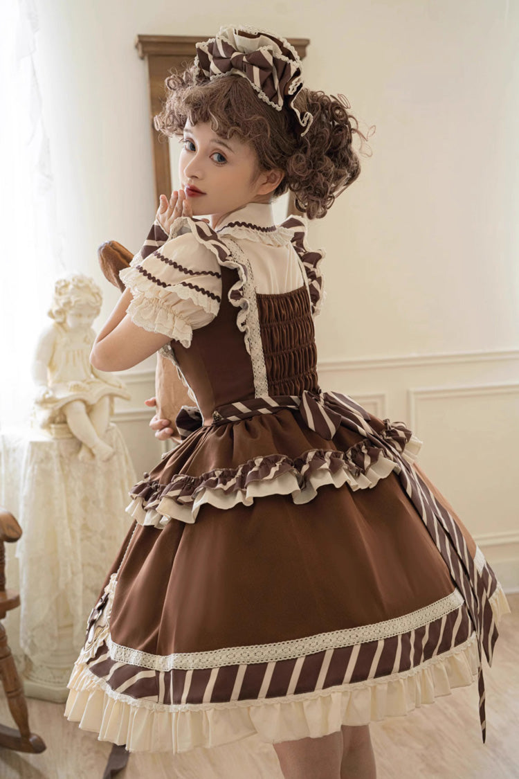 Brown Short Sleeves Print Ruffle Bowknot Sweet Princess Lolita Jsk Dress Set - Product - 11