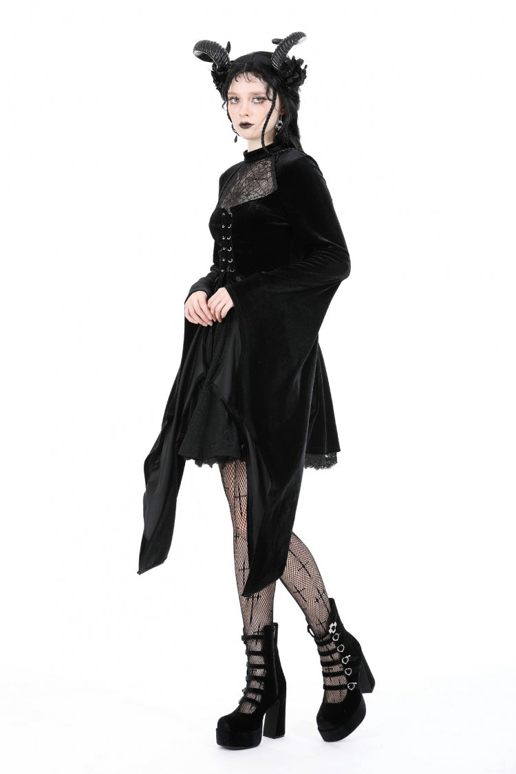Black Long Trumpet Sleeves Spliced Lace-Up Spider Mesh Women's Gothic Velvet Wedding Dress - Product - 11