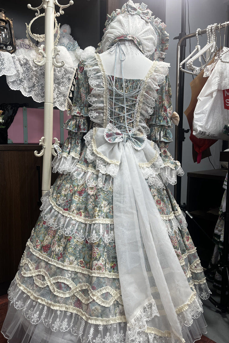 Green/Ivory Print Ruffle Bowknot Lace Classic Vintage Princess Lolita Dress - Product - 3