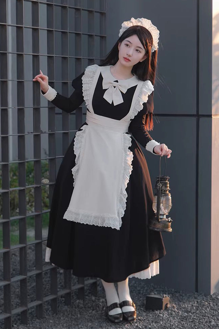 Black/White Round Collar Short Sleeves Ruffled Bow Sweet Elegant Lolita Maid Dress 2 Versions - Product - 8