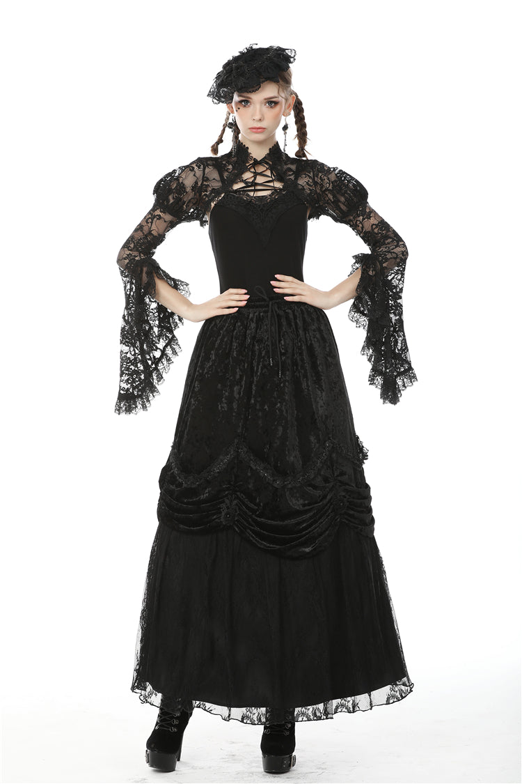 Black Long Puff Sleeves Sheer Floral Lace Lace-Up Women's Gothic Cape - Black - 1