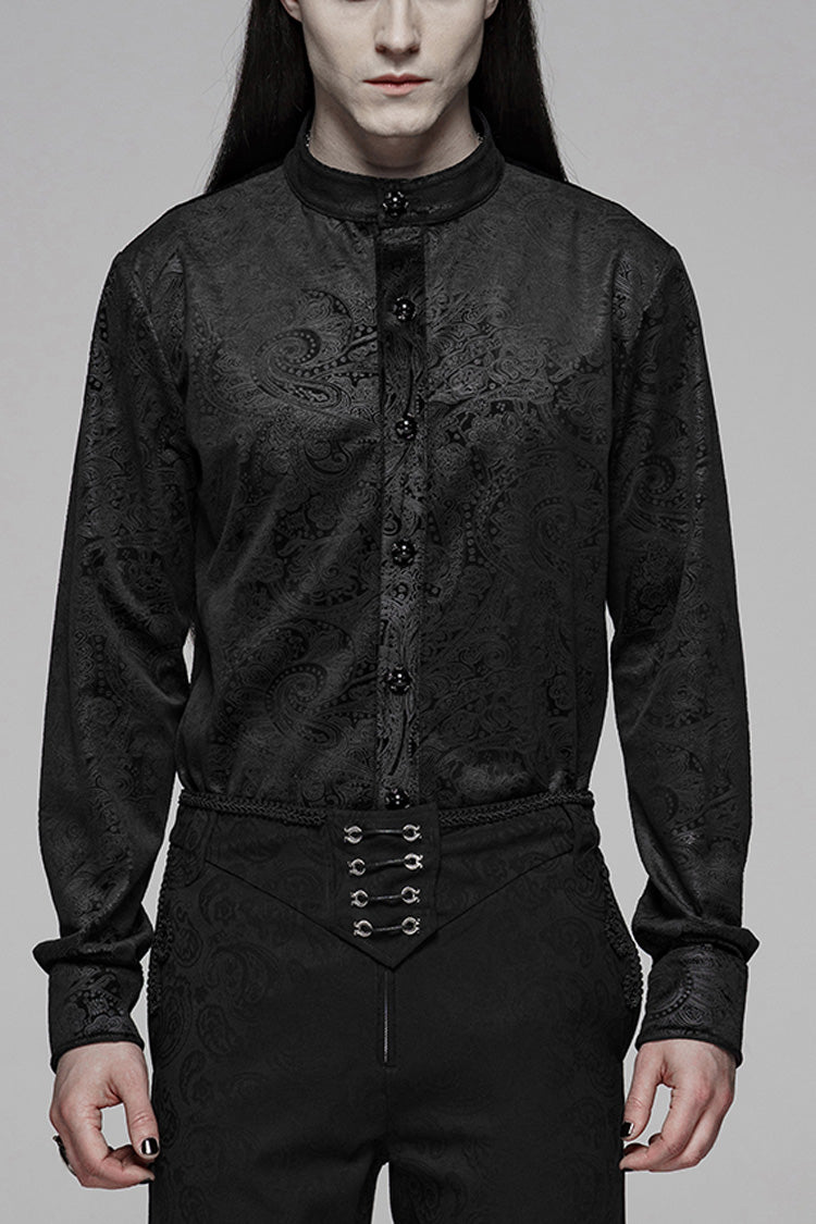 Black Stand Up Collar Long Sleeve Front Gemstone Button Print Men's Gothic Shirt - Black - 1