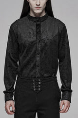 Black Stand Up Collar Long Sleeve Front Gemstone Button Print Men's Gothic Shirt - Black - 1