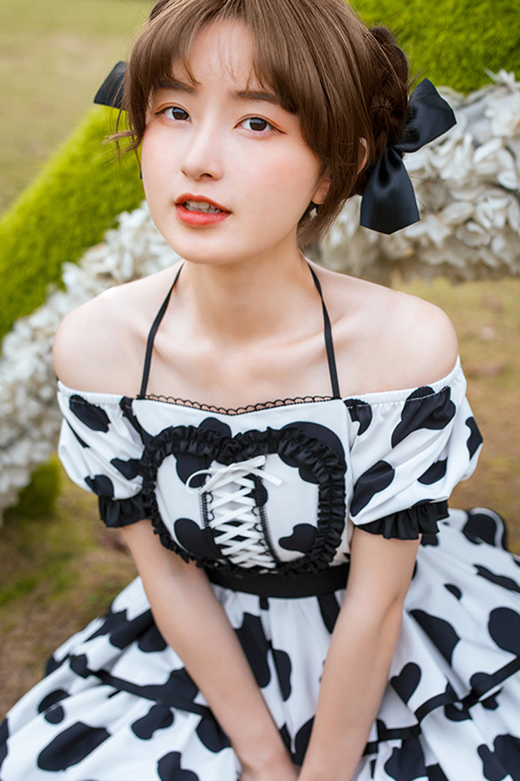 White/Black Halter Neck Puff Sleeve Ruffled Cow Print Sweet Lolita OP Dress - Product - 3