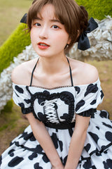 White/Black Halter Neck Puff Sleeve Ruffled Cow Print Sweet Lolita OP Dress - Product - 3