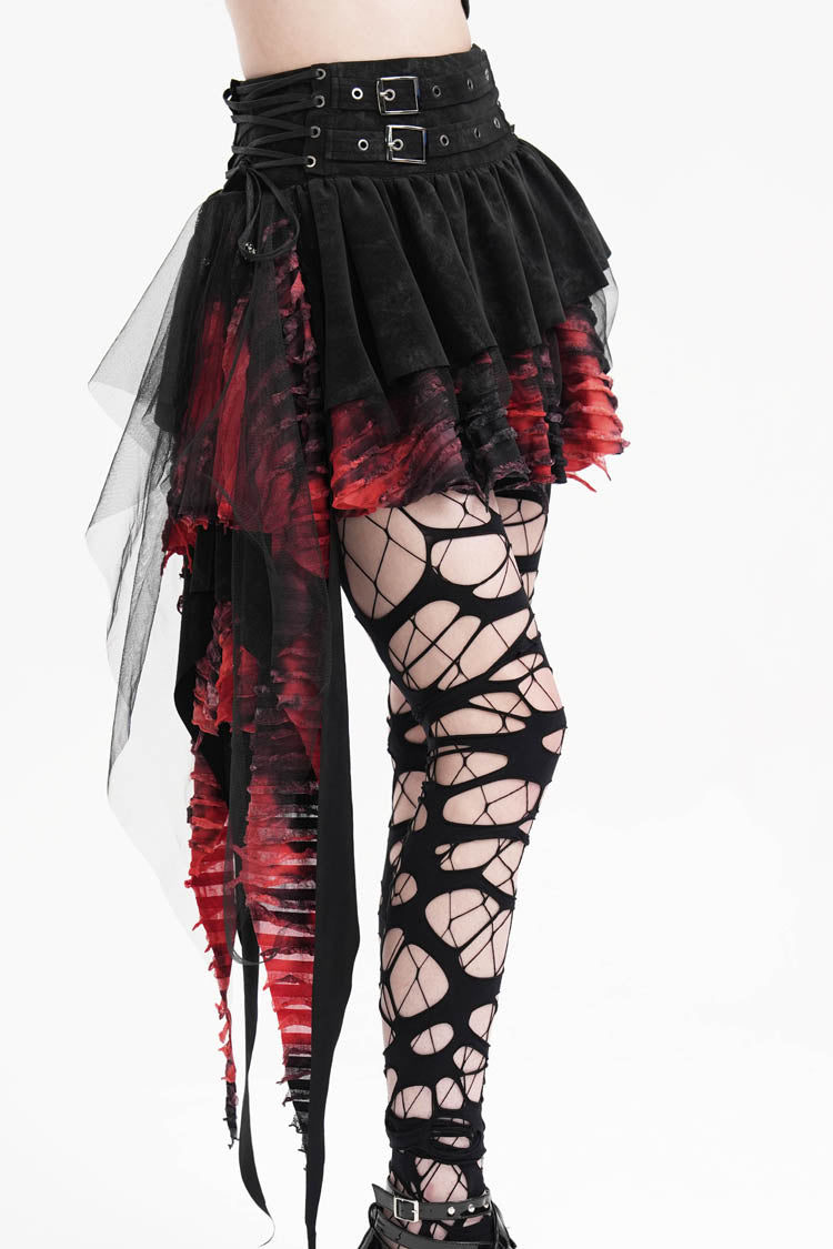 Black/Red Stitching Irregular Mesh Women's Gothic Skirt - Product - 2