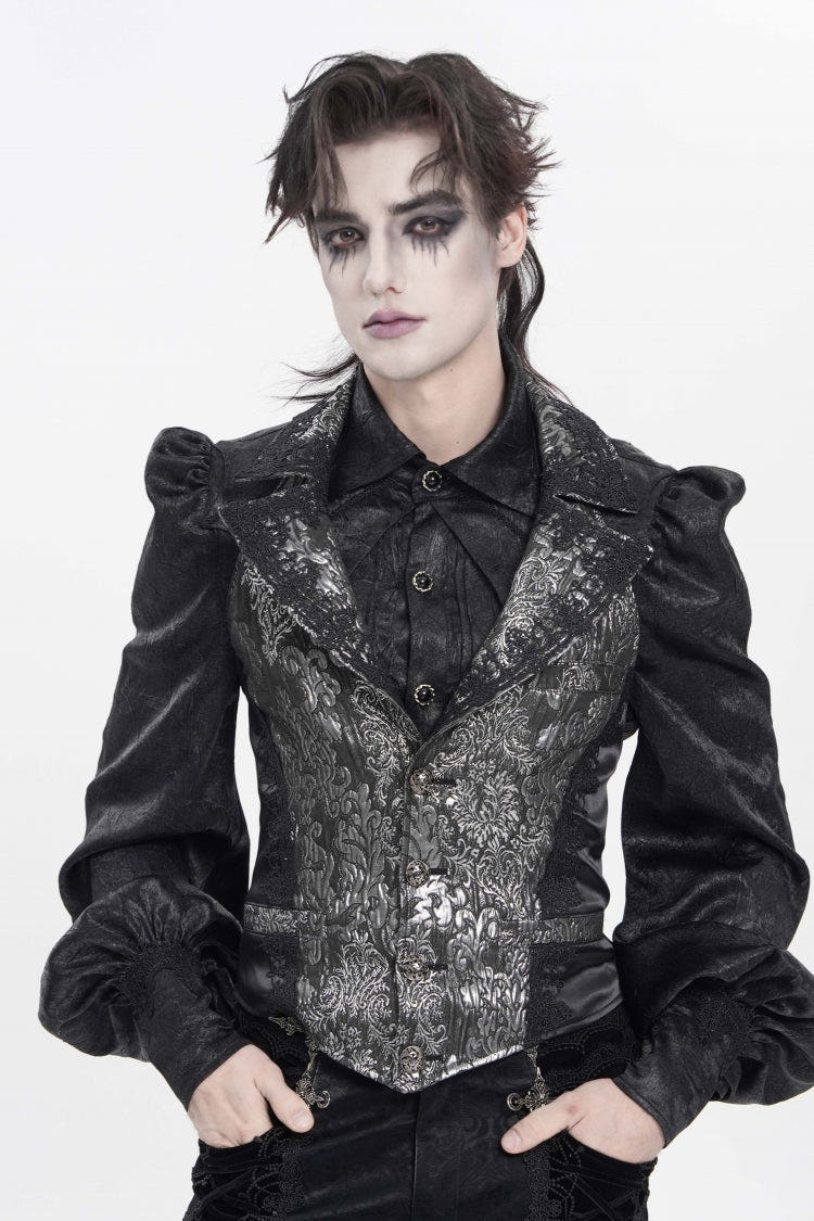 Black Lapel Collar Off Shoulder Halterneck Sleeveless Jacquard Lace Slim Color-Blocked Men's Gothic Palace Vest - Black - 1