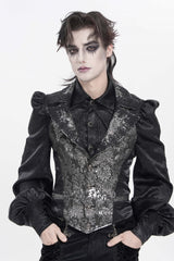 Black Lapel Collar Off Shoulder Halterneck Sleeveless Jacquard Lace Slim Color-Blocked Men's Gothic Palace Vest - Black - 1