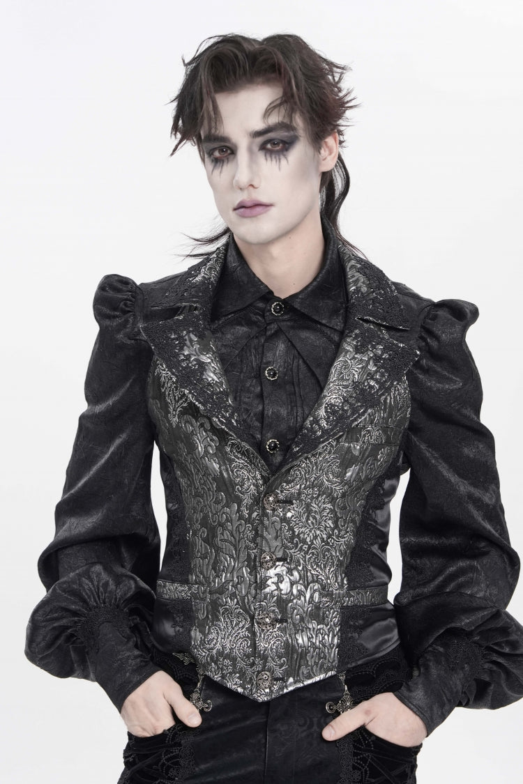 Black Lapel Collar Off Shoulder Halterneck Sleeveless Jacquard Lace Slim Color-Blocked Men's Gothic Palace Vest - Black - 1