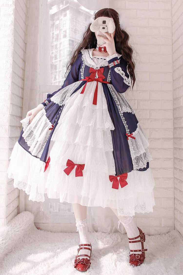 White/Blue Long Sleeves Multi-layer Ruffle Hanayome Cardigan Bowknot Sweet Princess Lolita Dress - White/Blue - 1