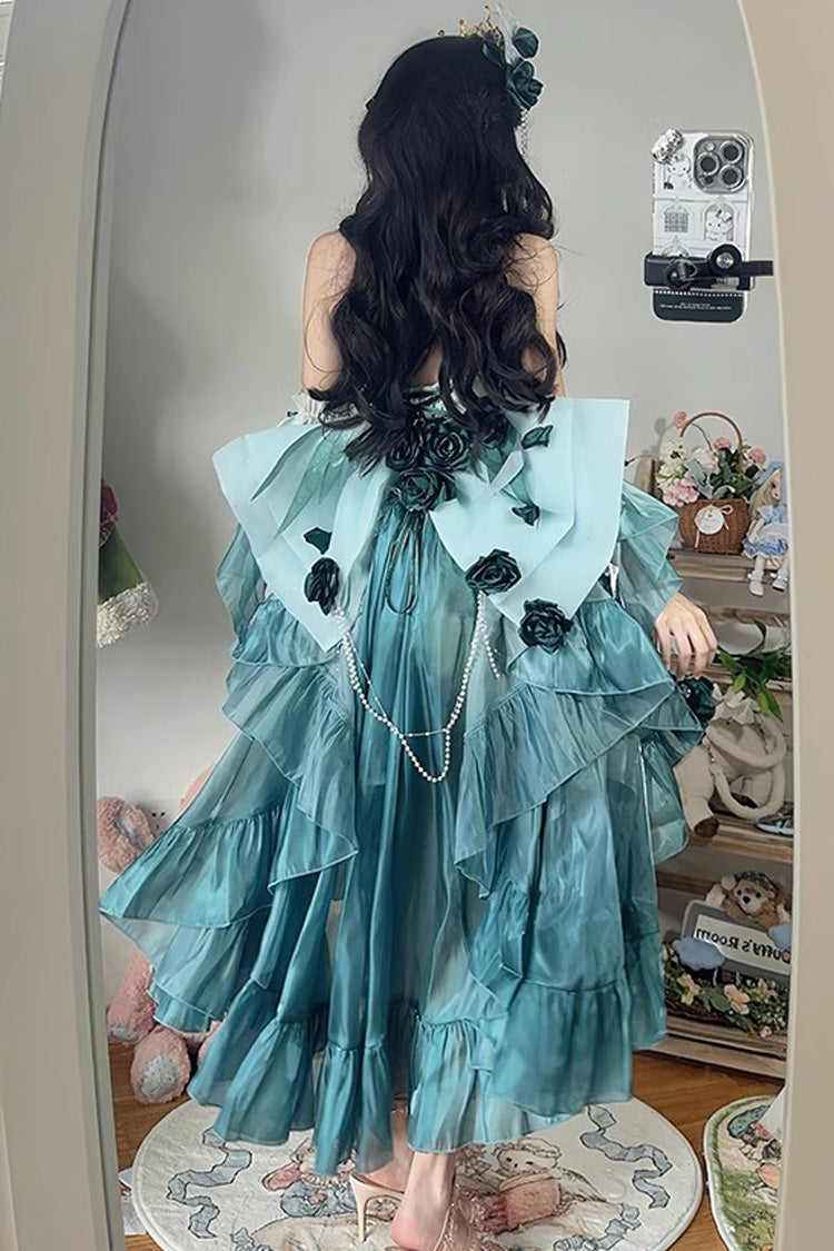 Amber Green [Swan Wonderland] Embroidery Bowknot Lace-Up Short Front Long Back Irregular Sweet Ballet Lolita Jsk Dress - Product - 7