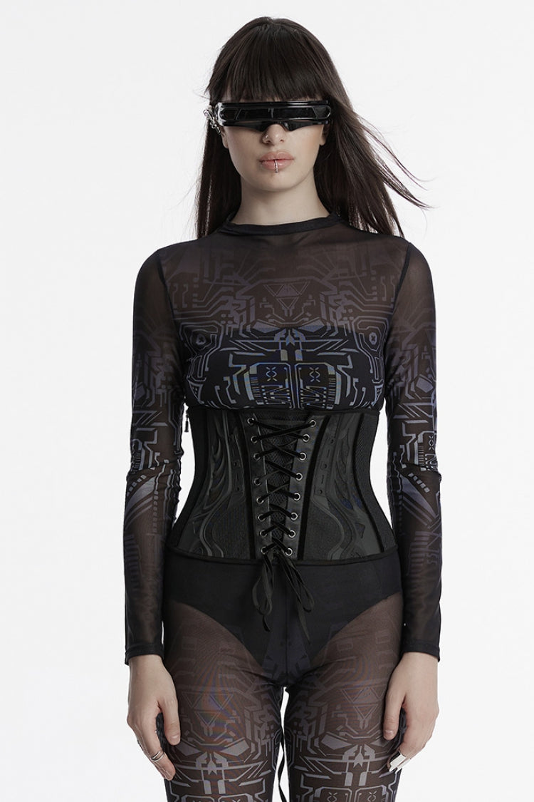 Black Faux Leather Lace-Up Mesh Women's Punk Underbust Corset - Black - 1