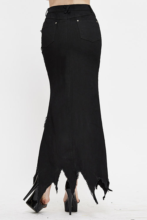 Black Short Front Long Back Worn Nipped Waist Punk Twill Package Hip Half Fishtail Skirt - Product - 4