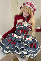 Blue [Milk Rabbit Theater] Halterneck Sleeveless Triple-Layered Ruffle Bowknot Lace-Up Sweet Lolita Jsk Dress - Product - 8