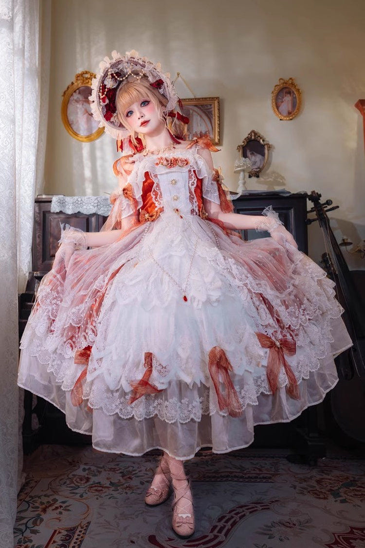 Red [Glazed Phantom] Off Shoulder Ruffle Hanayome Bowknot Lace Sweet Elegant Lolita Dress - Product - 5