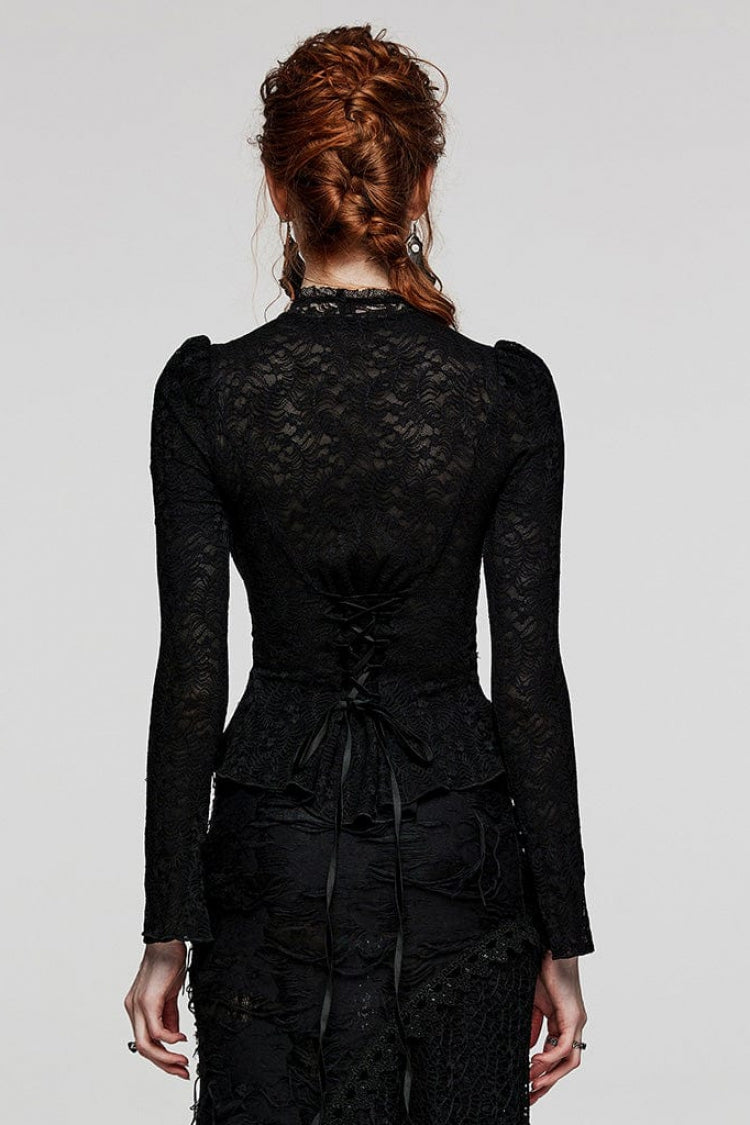 Black Rose Stand Collar Long Sleeves Print Lace Lace-Up Sheer Womens Gothic Blouse - Product - 3