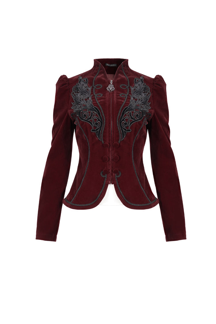 Red Stand Collar Velvet Applique On Chest Pendant Zipper Long Sleeve Women's Gothic Jacket - Product - 6