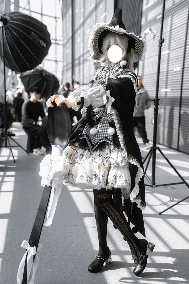 Black/White [Little Witch] Ruffle Embroidery Bowknot Gothic Lolita Jsk Dress Full Set - Product - 3