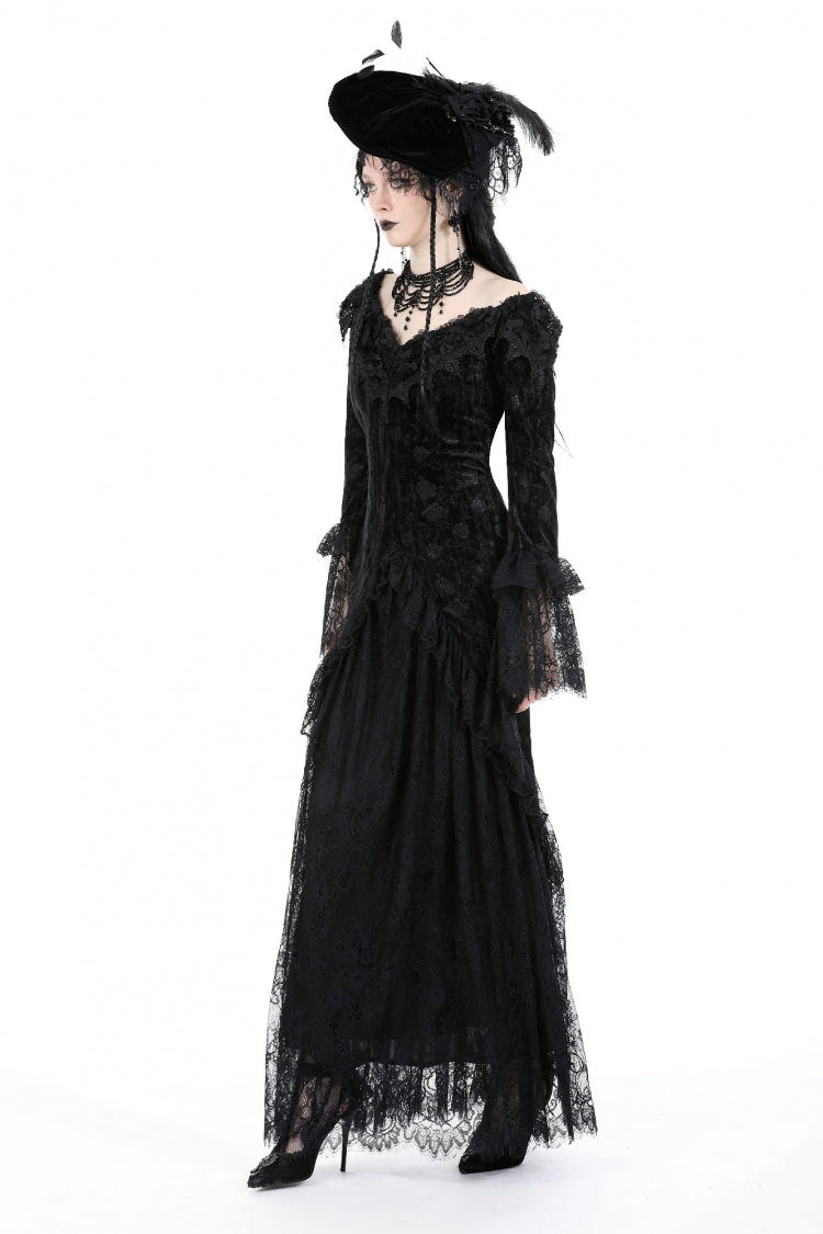 Black Off Shoulder Lace Long Trumpet Sleeves Lace-Up Women's Gothic Bodycon Dress - Product - 11