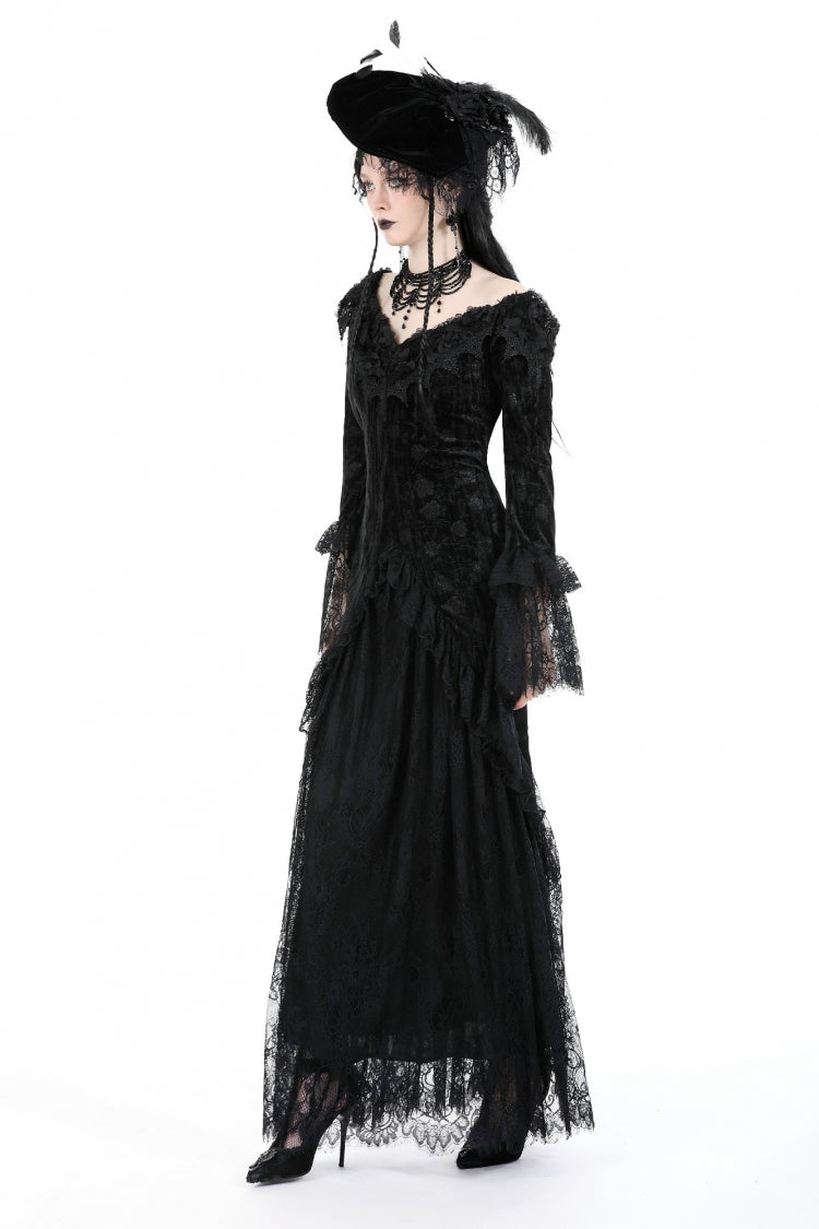 Black Off Shoulder Lace Long Trumpet Sleeves Lace-Up Women's Gothic Bodycon Dress - Product - 11