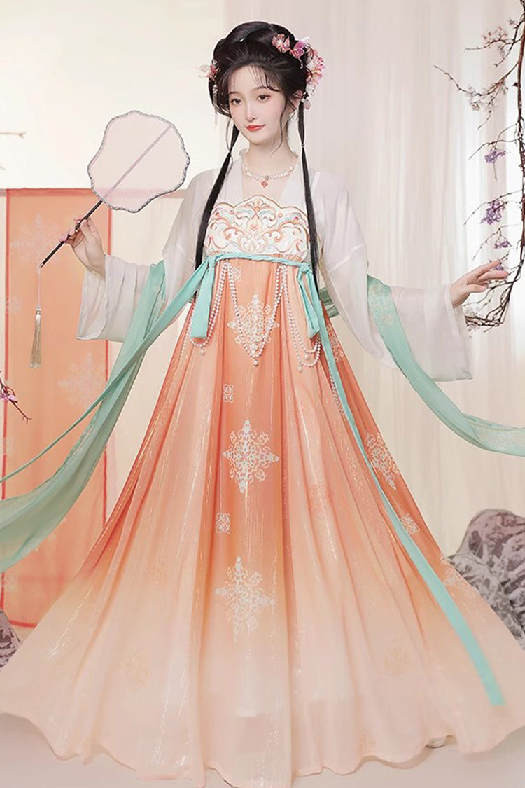 Orange Chinese Style <Springtime Greeting> Embroidery High Waisted Long Trumpet Sleeves Hanfu Dress - Orange - 1