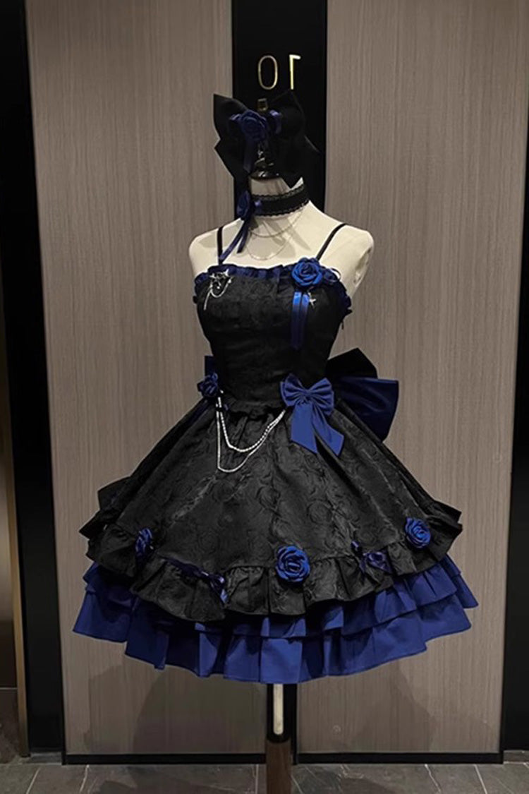 Black/Blue Print Ruffle Bowknot Gothic Princess Lolita Jsk Dress - Black/Blue - 1