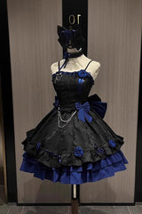 Black/Blue Print Ruffle Bowknot Gothic Princess Lolita Jsk Dress - Black/Blue - 1