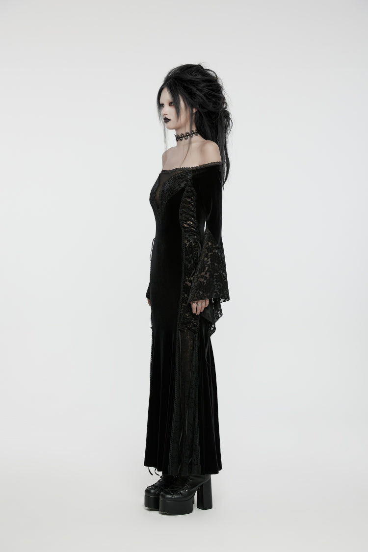 Black Off Shoulder Long Trumpet Sleeves Embroidered Spliced Lace Lace-Up Women's Gothic Gorgeous Palace Strapless Velvet Dress - Product - 3