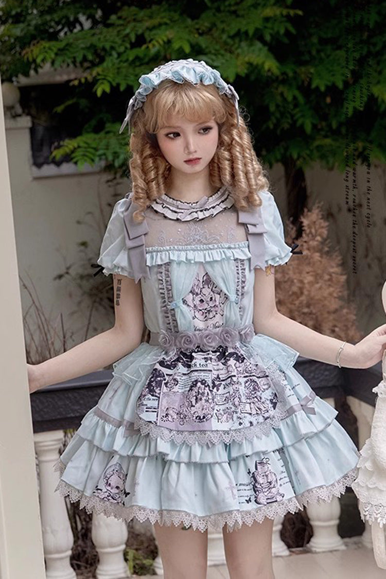 Light Blue Doll Theater Short Sleeves Print Ruffle Lace Sweet Lolita Dress - Light-Blue - 1