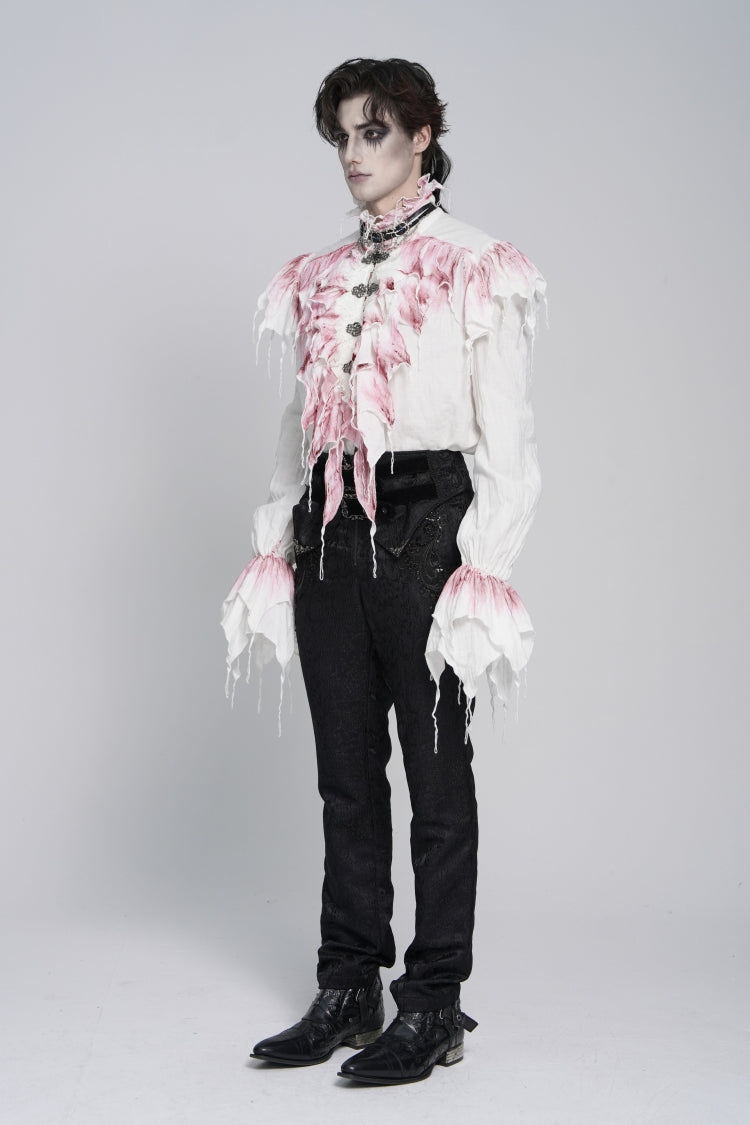 White High Collar Long Trumpet Sleeves Color-Blocked Pleated Men's Gothic Shirt - Product - 3