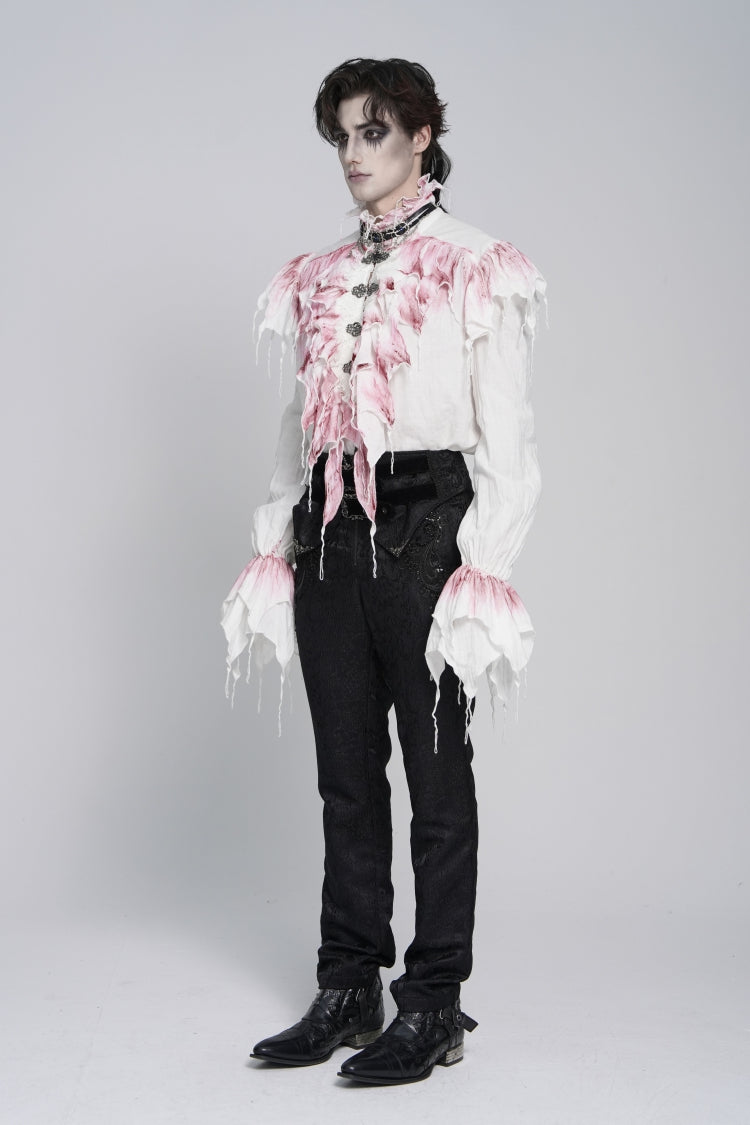 White High Collar Long Trumpet Sleeves Color-Blocked Pleated Men's Gothic Shirt - Product - 3