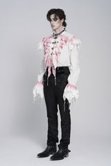 White High Collar Long Trumpet Sleeves Color-Blocked Pleated Men's Gothic Shirt - Product - 3