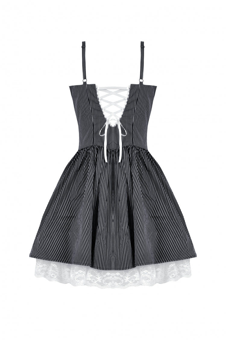 Black/White Pinstriped Sleeveless Lace Lace-Up Women's Gothic Lolita Slip Dress Graduation Dress - Product - 11
