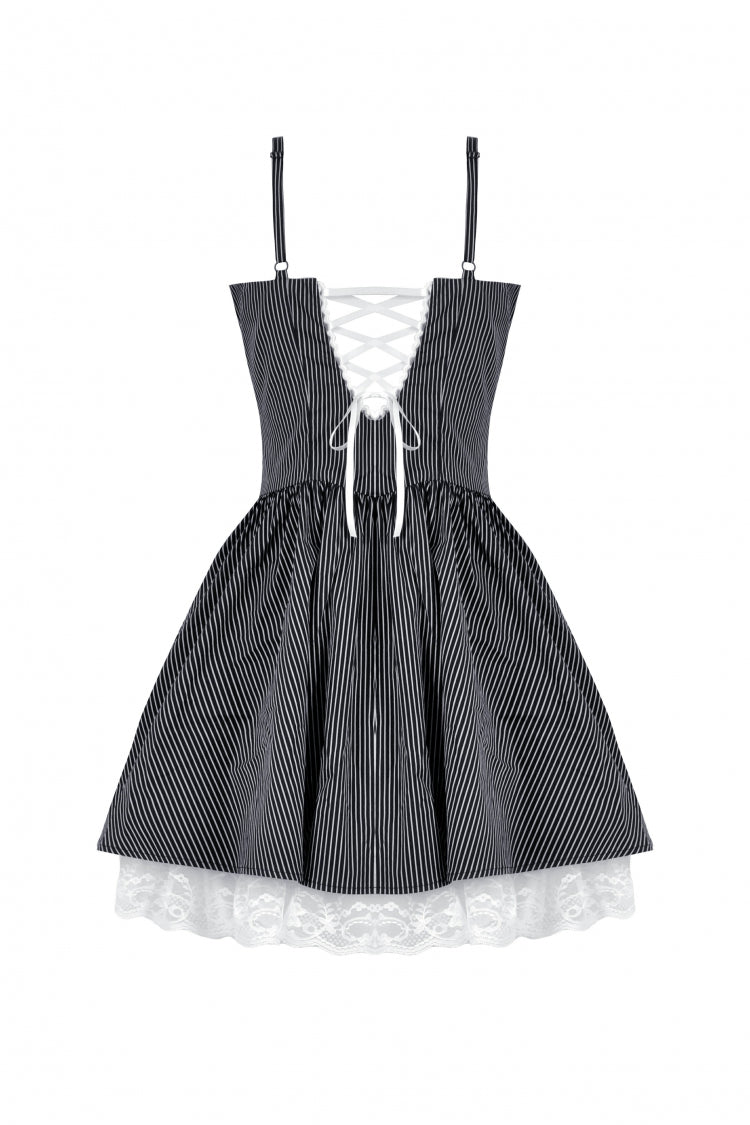 Black/White Pinstriped Sleeveless Lace Lace-Up Women's Gothic Lolita Slip Dress Graduation Dress - Product - 11