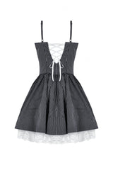 Black/White Pinstriped Sleeveless Lace Lace-Up Women's Gothic Lolita Slip Dress Graduation Dress - Product - 11