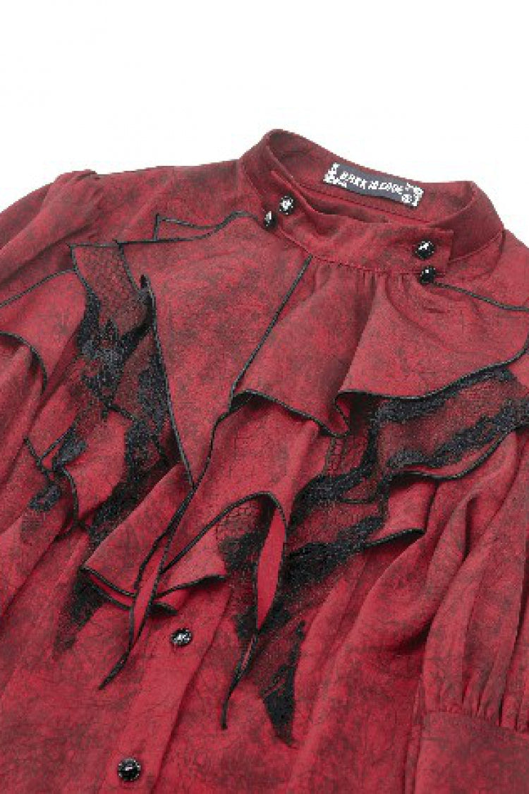 Red Multi-Layered Frilly Lace Long Hime Sleeves Lace-Up Women's Gothic Blouse - Product - 14