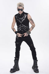 Black Lapel Collar Sleeveless Multi-Layered Printed Tie-dyed Buckled Men's Punk Shirt - Product - 9