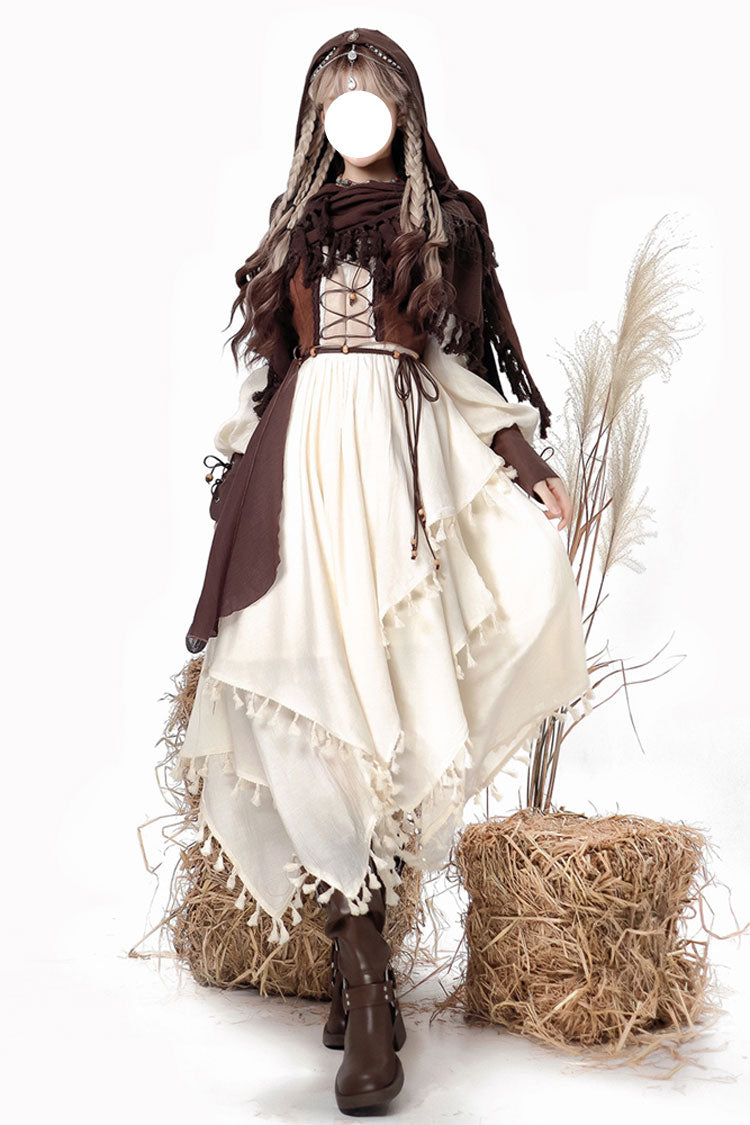 White/Brown Wandering Witch Cloak Long Sleeves Daily Irregular Lolita Dress - White/Brown - 1
