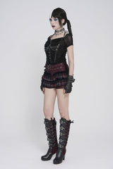 Black Short Sleeves Slim Studded Pleated Chain-Decorated Women's Punk Cool Blouse - Product - 4