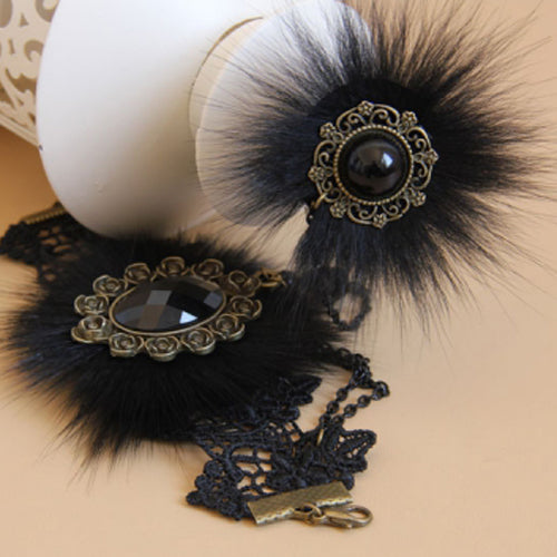 Black Retro Fashion Lace Fox Hair Female Gothic Lolita Ring Bracelet - Product - 4