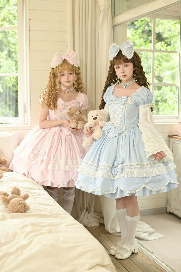 Blue [Petal Bunny] Cotton Square Collar Short Sleeves Double-Layered Ruffled Bow Lace Lace-Up Sweet Lolita Dress - Product - 15